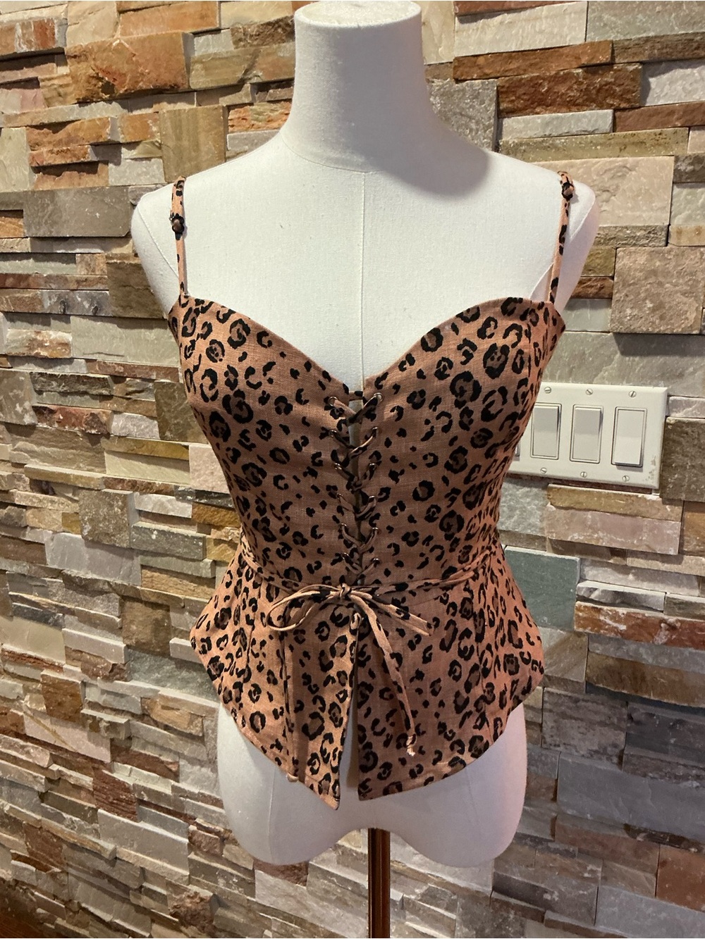 Reformation Leopard Print Lace-Up Corset Peplum Top